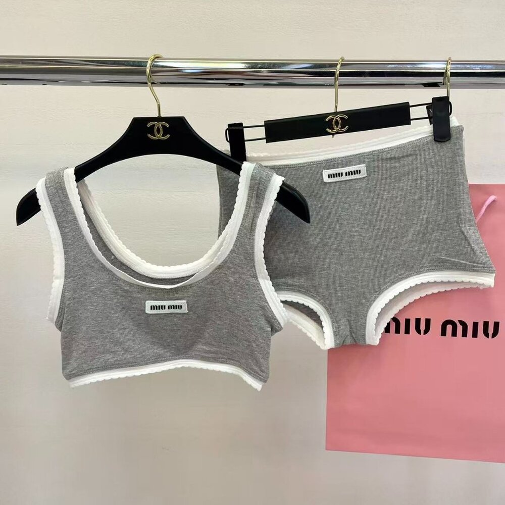 Miu Miu Grey Knit Swimsuit Two-Piece Set